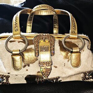 Raviani Gold Acid Washed Hair on Hide  Swarovski Crystals Handbag